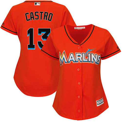 Marlins #13 Starlin Castro Orange Alternate Women's Stitched MLB Jersey